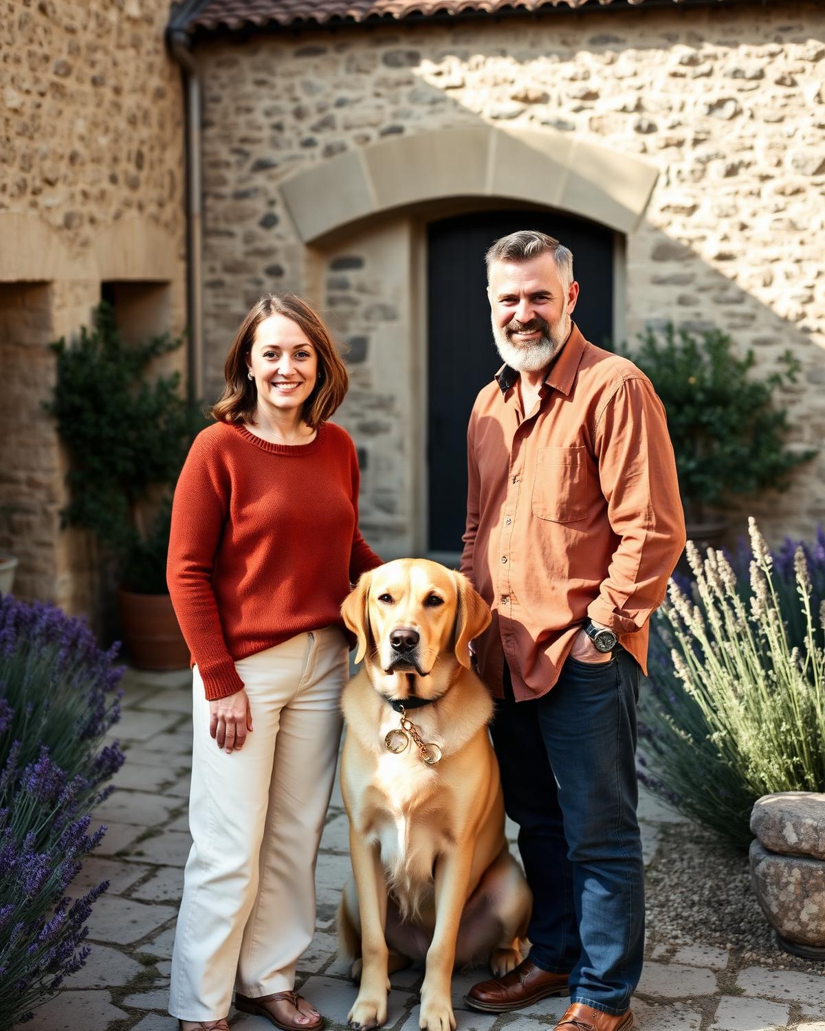 Lisanne en Reinier met hun hond bij de stenen boerderij